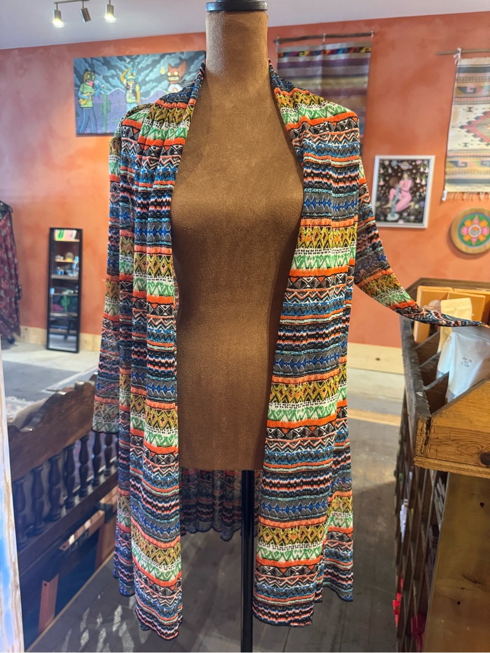 Swim Cover up Long Sleeve Ali Miles Multicolor Geometric Open-Front